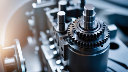 Fototapeta premium High-Resolution Close-Up of a Gearbox Featuring Intricate Interlocking Gears and Shafts, Showcasing Metallic Textures and Precision Engineering with a Softly Lit Background