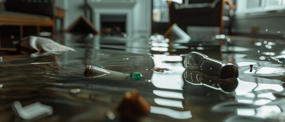 Obraz premium An indoor flood scene reveals various everyday objects floating in water, illustrating a surreal disruption of normalcy and domestic life.
