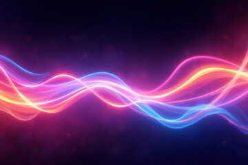 Fototapeta premium Digital abstract artwork displays vibrant, flowing waves made of translucent ribbons in pink, blue, orange, and purple colors.