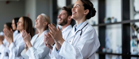 Fototapeta premium Medical professionals in lab coats applaud in unison, exuding pride and joy, reflecting a moment of communal triumph in the healthcare field.