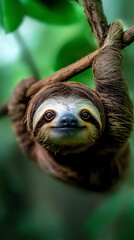 Naklejka premium Sloth hanging on a tree branch, nature close-up