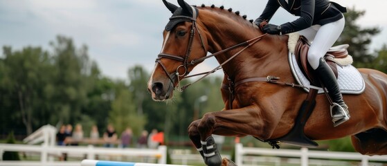 A rider and horse concentrate on a precise jump in a competitive equestrian setting, demonstrating teamwork and focus amid an audience backdrop.