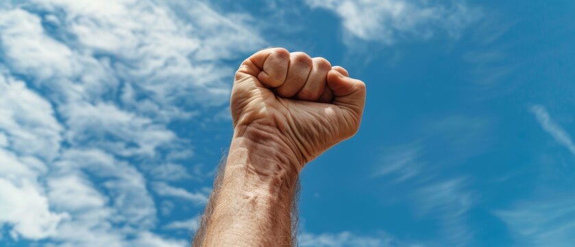 A fist clenched triumphantly against a vivid blue sky, symbolizing strength, resilience, and the unconquerable spirit.