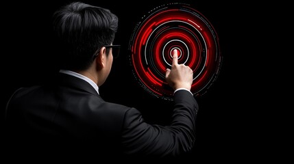 Businessman Targeting Success: A determined businessman in a suit focuses intently on a holographic target, his finger poised to press the central point. This image embodies ambition, precision.