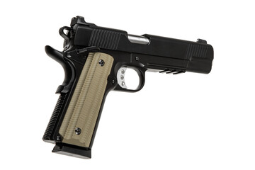 Modern semi-automatic pistol isolate on a white background. Armament for the army and police. Short-barreled weapon