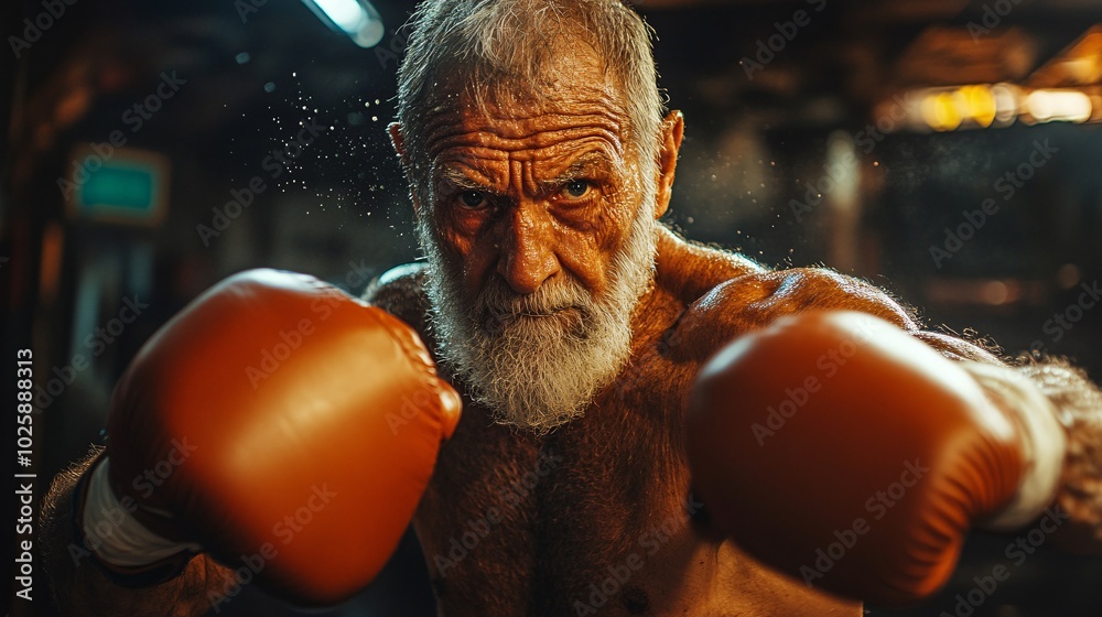 Poster older man boxing in a gym, practicing his punches with a determined look on his face stock photo wit