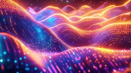 Fototapeta premium Abstract digital landscape with glowing waves and particles.