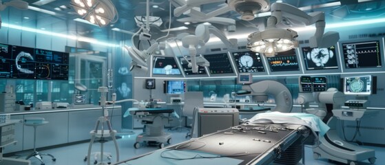 An ultra-modern surgical room with futuristic apparatus and glowing screens, ready for intricate medical tasks in a clinical setting.