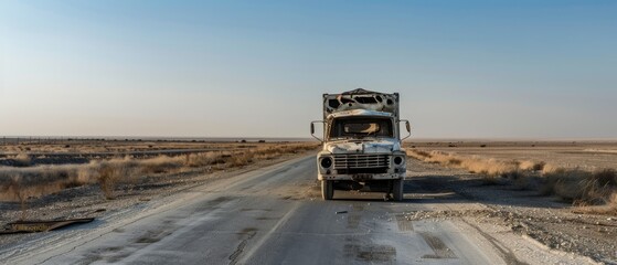 An abandoned truck sits on an empty desert road under a vast blue sky, embodying solitude and the passage of time.