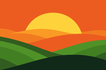 Obraz premium Stunning sunset over rolling hills vector artwork, perfect for creating serene screen backgrounds. Ideal for nature, landscape, and scenic illustration designs.