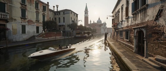 Naklejka premium An elegant canal bordered by historic Venetian buildings, where a speedboat glides smoothly, reflecting the city's vibrant charm.
