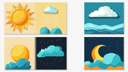 Set collection of cartoon set of weather elements cards Neo-Expressionism style on white background.  Vector Illustration