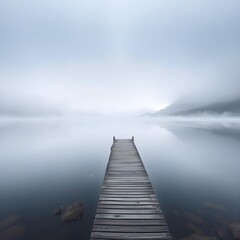 Fototapeta premium A mystical lake surrounded by fog, with a lone wooden dock extending into the water and distant mountains barely visible