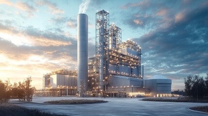 Obraz premium High-tech cement plant with digital and sustainability elements overlaying 