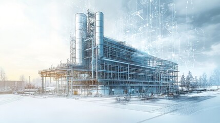 Obraz premium High-tech cement plant with digital and sustainability elements overlaying 