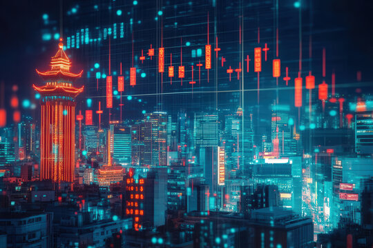 Cityscape with Forex Market Charts at Night