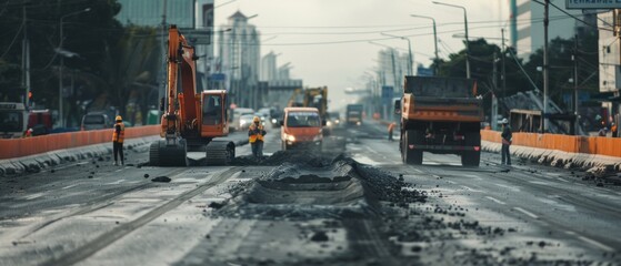 Early morning road construction captures the intensity and activity of a bustling urban scene with machinery at work under a cloudy sky.