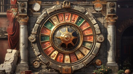 Fototapeta premium Colosseumthemed circular slot machine with gladiator bonus rounds and ancient design