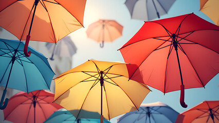 Umbrellas flying on blue sky