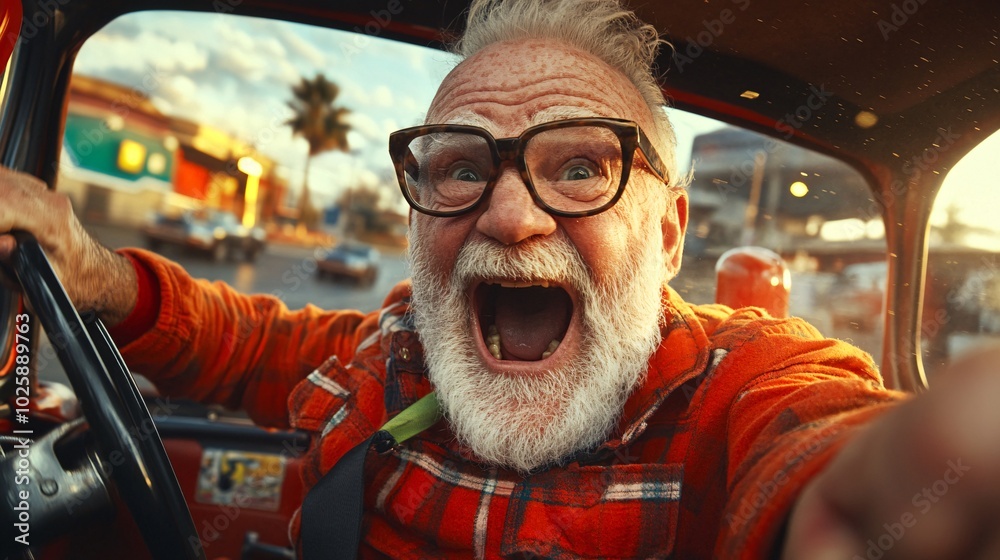Poster senior race car driver taking a victory lap after crossing the finish line at high speed stock photo