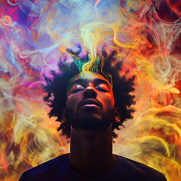 This striking digital artwork features a figure with closed eyes, their natural hair transforming into an explosion of vivid colors including red, orange, purple, and blue. The swirling patterns creat