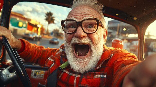 Senior race car driver taking a victory lap after crossing the finish line at high speed Stock Photo with side copy space