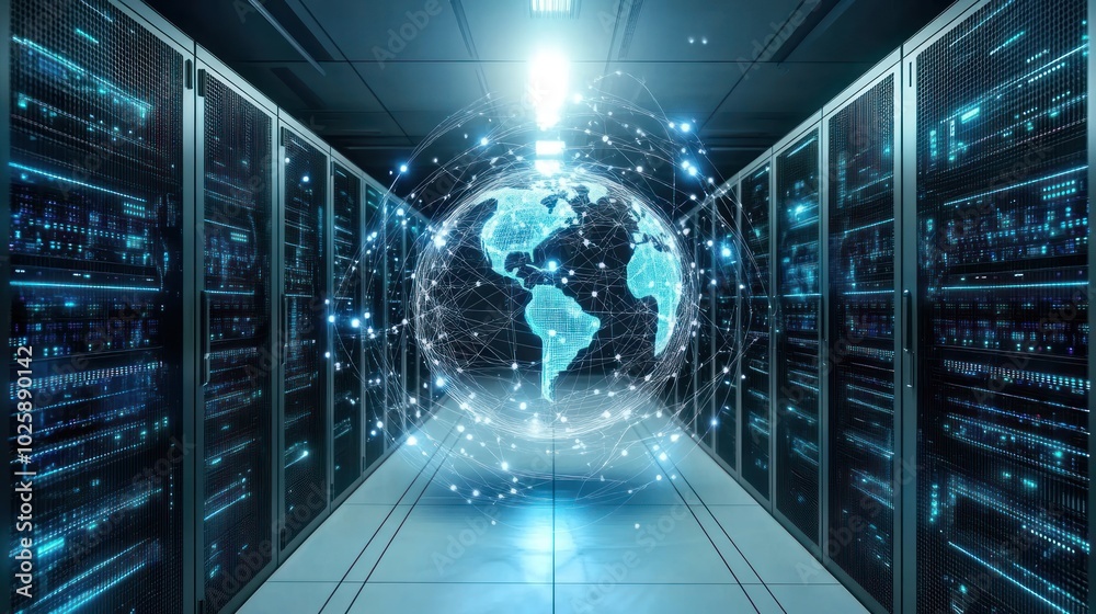 Aufkleber Server Room with a Global Network Visualization
