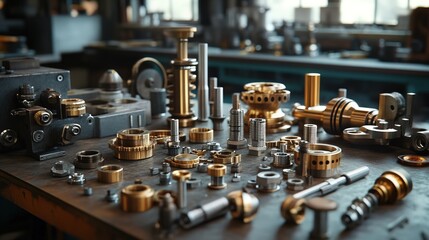 Close-up of various manufacturing tools and metal parts