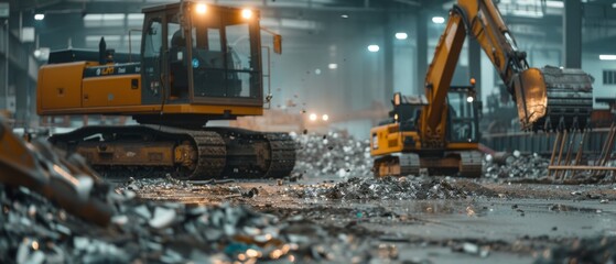 Large cranes operate inside a metal recycling plant, depicting the dynamic nature of industrial recycling.