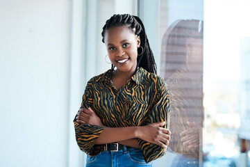 Black woman, smile or portrait of designer with arms crossed or confidence in startup or creative...
