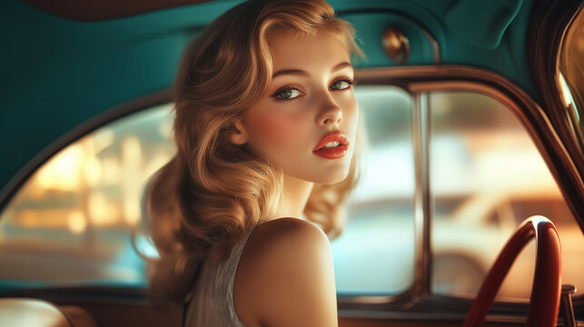 Fototapeta Beautiful girl with blonde hair in a vintage car