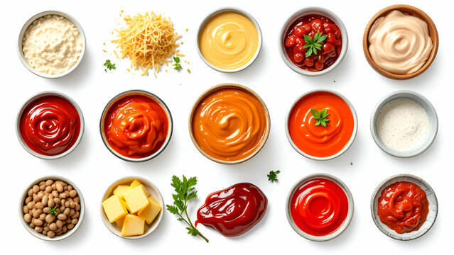 Set of different kind of sauces isolated on white background.