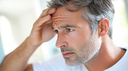 Obraz premium Older man doing a quick self-examination of his skin in front of the bathroom mirror Stock Photo with side copy space