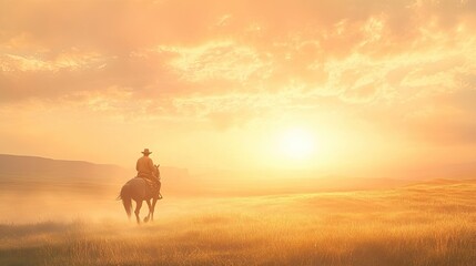 A cowboy riding his horse across the plains at sunset, with soft golden light and large space for text in the sky.