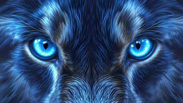 Close up of an angry wolf with blue eyes.