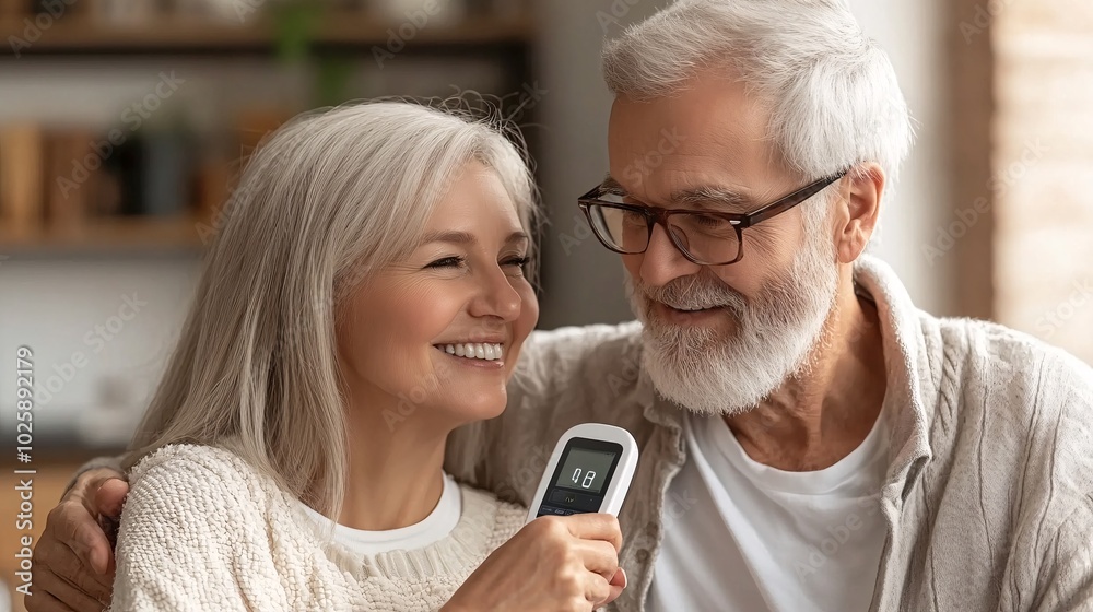 Poster senior couple checking their blood sugar levels together using a glucose monitor on the dining table