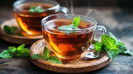 Elderly couple drinking herbal tea together for relaxation and health care in the afternoon Stock Photo with side copy space