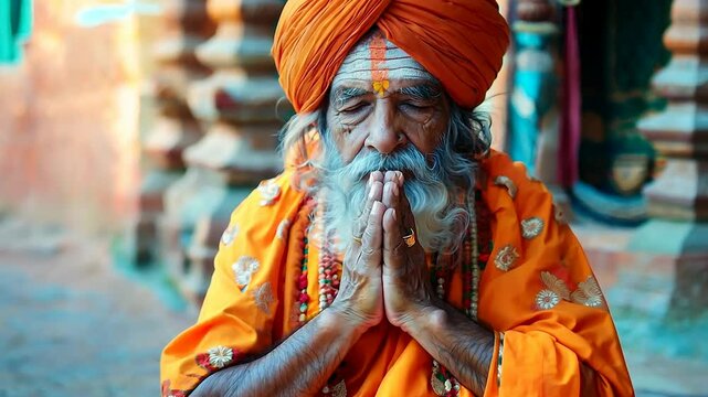 In a serene moment at dawn, a figure dressed in vibrant orange sits peacefully outside an ancient temple, embodying tranquility and spiritual depth as he engages in deep meditation.