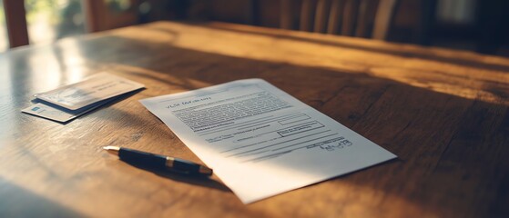 Document on wooden table with pen