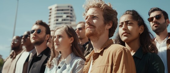 Obraz premium A diverse group gazes upward, illuminated by sunlight, embodying optimism and anticipation against an urban backdrop.