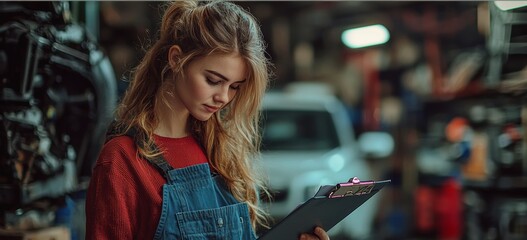 Woman in jumpsuit is looking at tablet. Woman auto Mechanic writing on clipboard at repair garage, wearing uniform overalls. mechanic engineer female taking notes on clipboard for examining vehicle