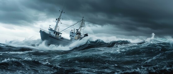 Obraz premium A fishing vessel navigates high waves, persevering through a dramatic storm, with turbulent clouds above, symbolizing adventure and nature’s raw power.