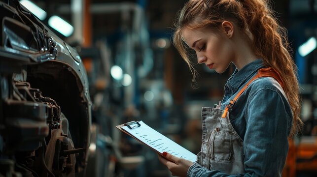 Woman in jumpsuit is looking at tablet. Woman auto Mechanic writing on clipboard at repair garage, wearing uniform overalls. mechanic engineer female taking notes on clipboard for examining vehicle - Powered by Adobe