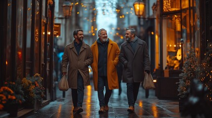 Three men walking down a street in the rain, one of them carrying a bag. Scene is somewhat melancholic, wide angle shot, full body with legs, three 45 years men are walking in Street, happy atmosphere
