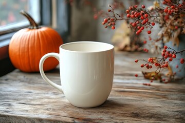 White coffee mug sits on wooden table next to a pumpkin and some berries. pumpkin and berries adding a touch of autumnal charm. White ceramic mug and pumpkins on a rustic wooden table, autumn concept