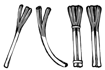 筆タッチの長ネギのモノクロイラストセット