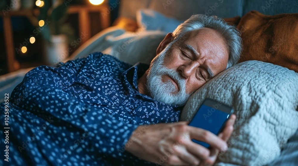 Poster senior man monitoring his sleep data on his phone while lying in bed stock photo with side copy spac