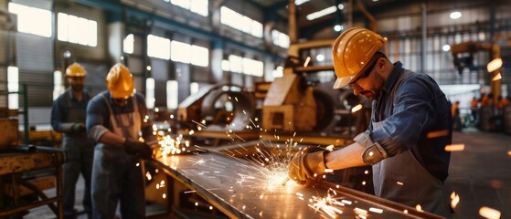 Fototapeta premium Industrial workers focused, welding sheets of metal amidst a factory's bright sparks, showcasing skill and craftsmanship in an intense atmosphere.