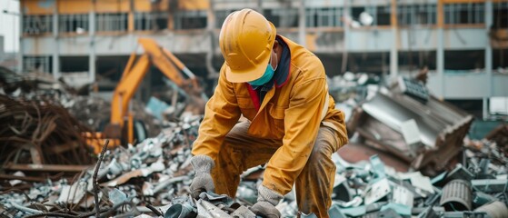 A worker in bright yellow attire diligently sorts through piles of refuse at a construction site, embodying dedication amidst chaos under clear skies.