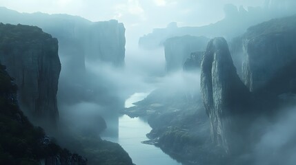 A serene scene capturing the ethereal beauty of foggy weather in a mountain range, where soft tendrils of mist weave through the valleys, creating a silent and tranquil atmosphere amidst towering 